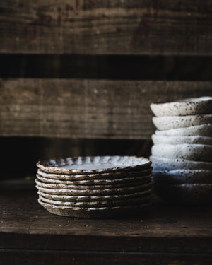 handmade ceramic bowl and plate set with speckled satin white glaze by clay beehive ceramics