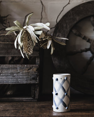 Ceramic blue and white raised spot and diamond patterned vases by clay beehive ceramics