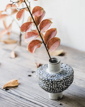 Rustic white spot pod vase with foot handmade by clay beehive ceramics