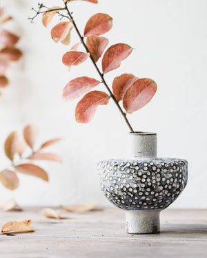 Rustic white spot pod vase with foot handmade by clay beehive ceramics