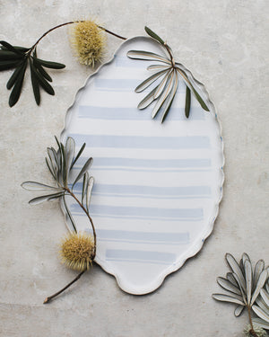 Handmade platter with easy grip handles in soft blue line pattern by clay beehive ceramics