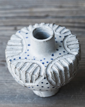 Handmade ceramic flat pod bud vases with carvings and blue freckles by clay beehive ceramics