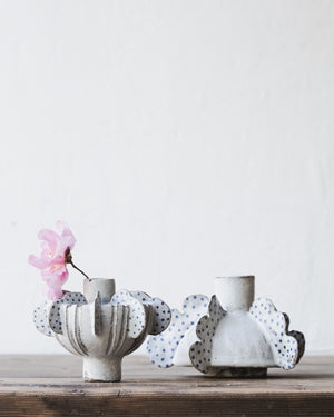 Ceramic sculptural vases with wings and blue spots by clay beehive ceramics