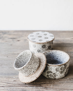 Rustic speckled patterned french style butter bell dish by clay beehive ceramics