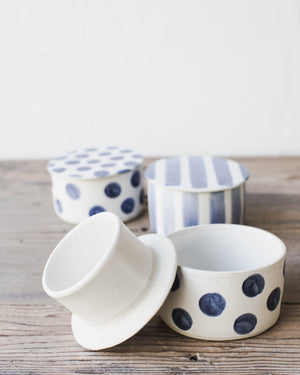 Blue and white French butter bell dish handmade by clay beehive ceramics