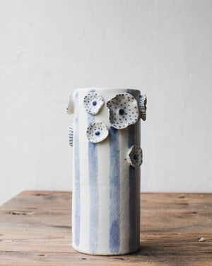 Blue and white flowers and lines tall vases handmade by clay beehive ceramics
