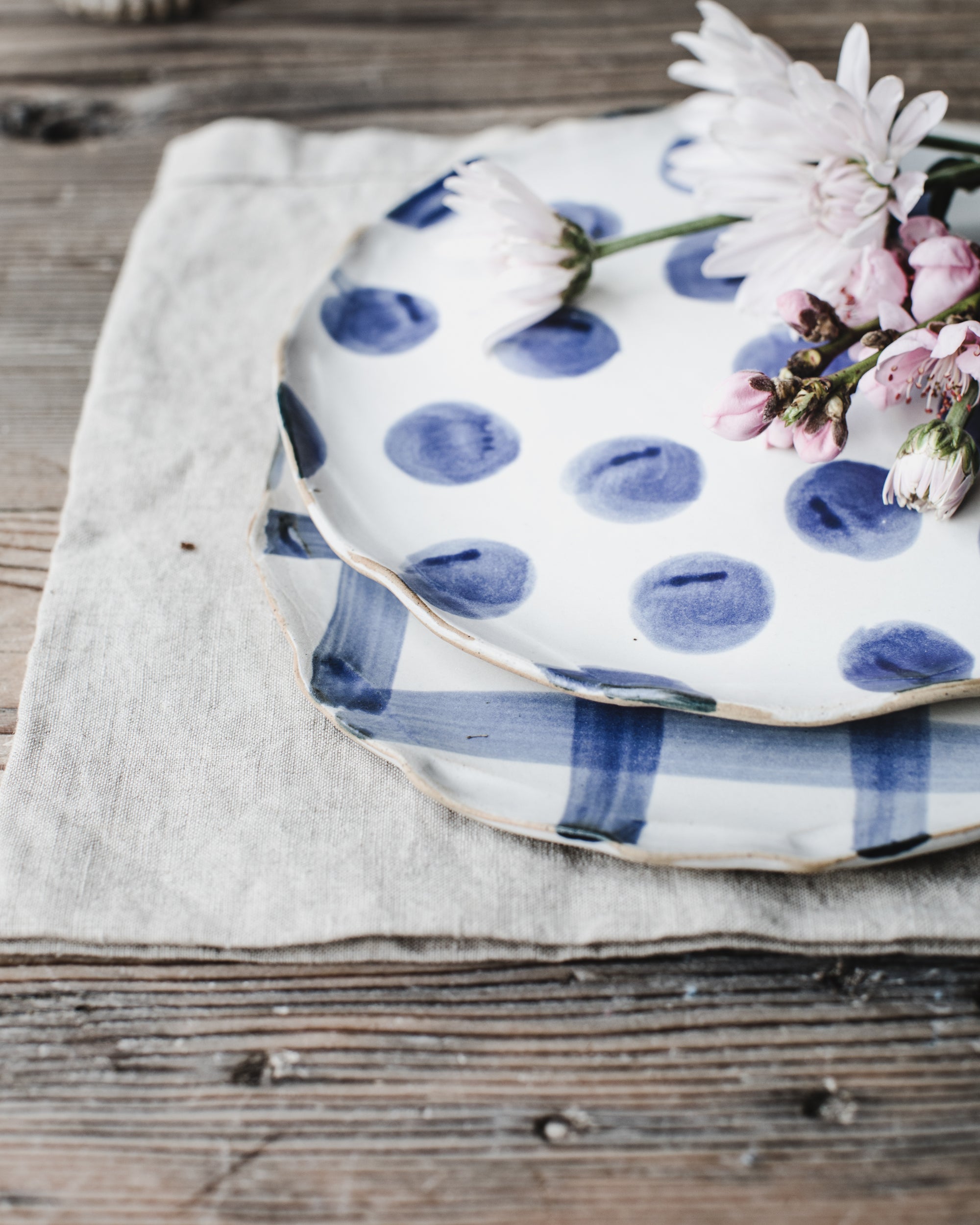 Handmade ceramic patterned plates in navy blue by clay beehive ceramics