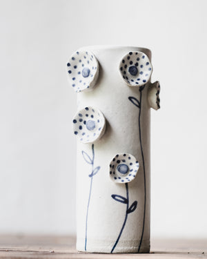 Flower vases with blue and white stem and line decorations by clay beehive ceramics