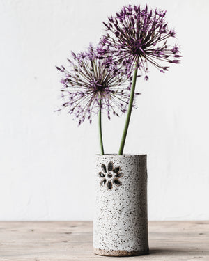 Rustic flower cutout speckled white vase handmade by clay beehive ceramics