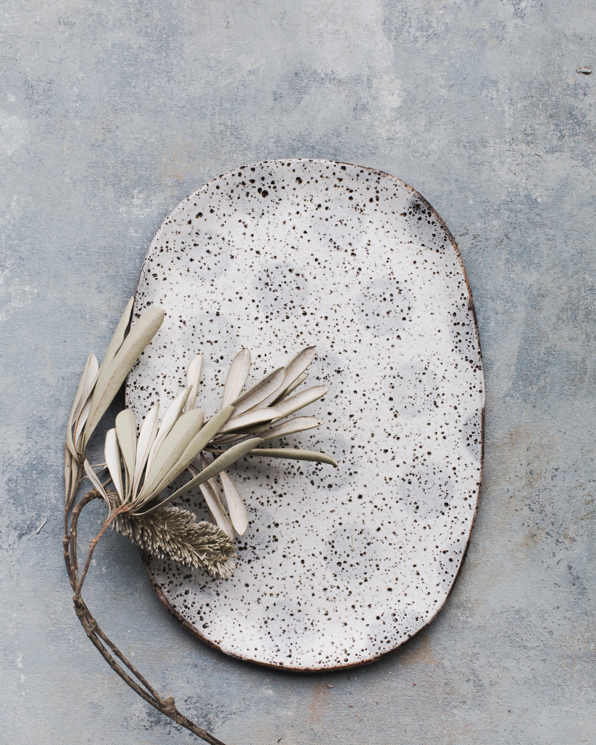 Rustic speckled polka dot oval shaped plate handmade by clay beehive ceramics