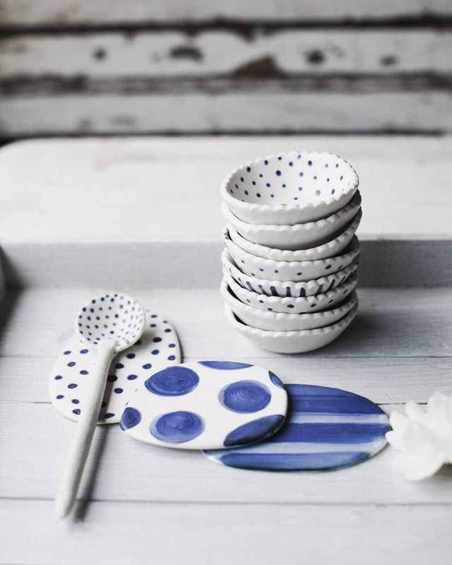 handmade salt dish/bowl blue and white with scallop rims by clay beehive ceramics
