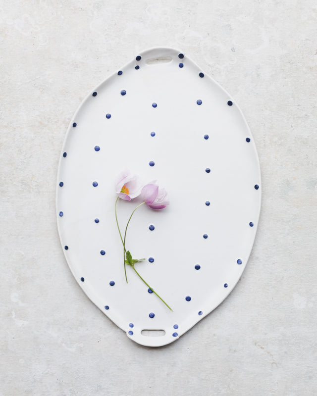 Hand made blue and white spot ceramic platter with cut out handles Made to Order by Clay Beehive 