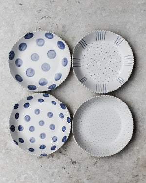 Navy and White large ceramic bowls with a blue spot and fabric textured exterior handmade by Clay Beehive 