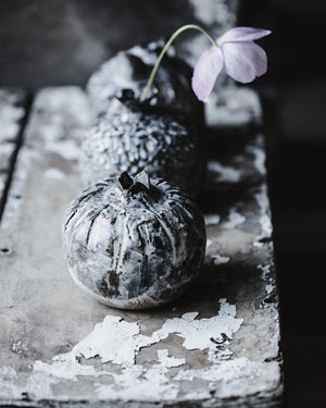 Bud vases hand made and textured and carved with rustic markings in grey white and brown clay body by clay beehive ceramics