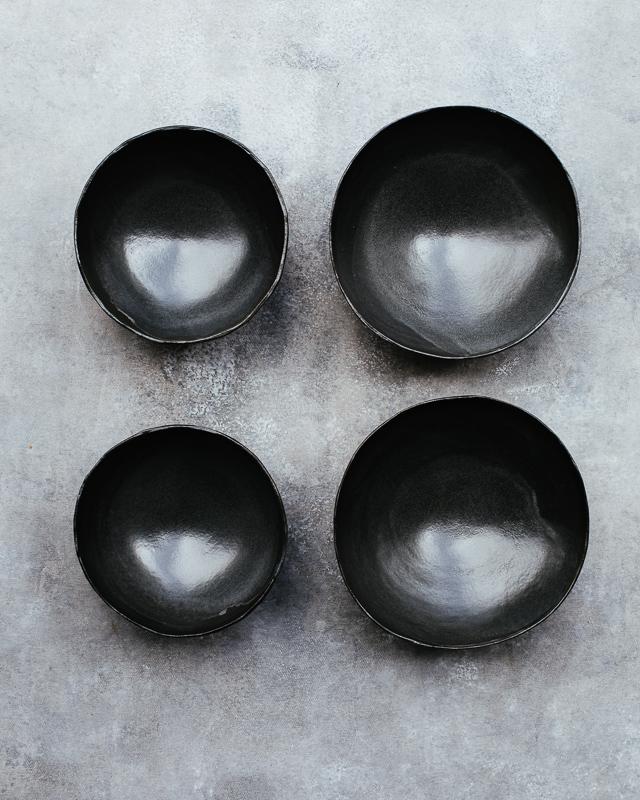 wabi sabi footed matte black bowls deeper interior noodles soups hand made by clay beehive ceramics