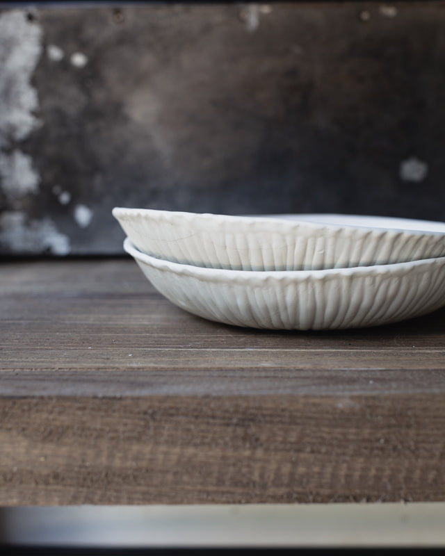 Satin white low wide bowls with lovely texture by clay beehive ceramics