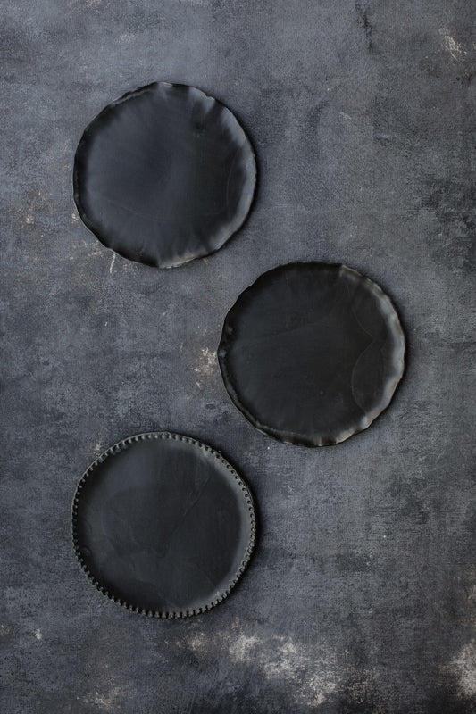 satin black handmade cake plates with beautiful textured detailed rims by clay beehive ceramics