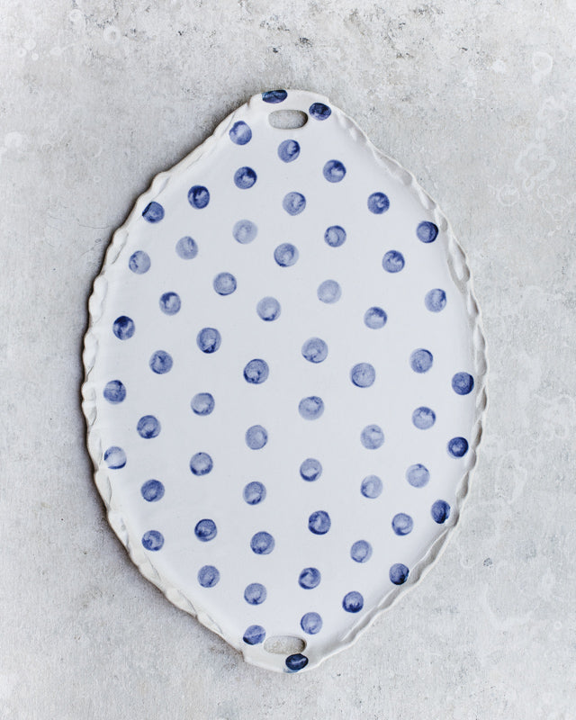 Polka dot Platter with side handles and pretty frilly edging (Larger 40cm Length)