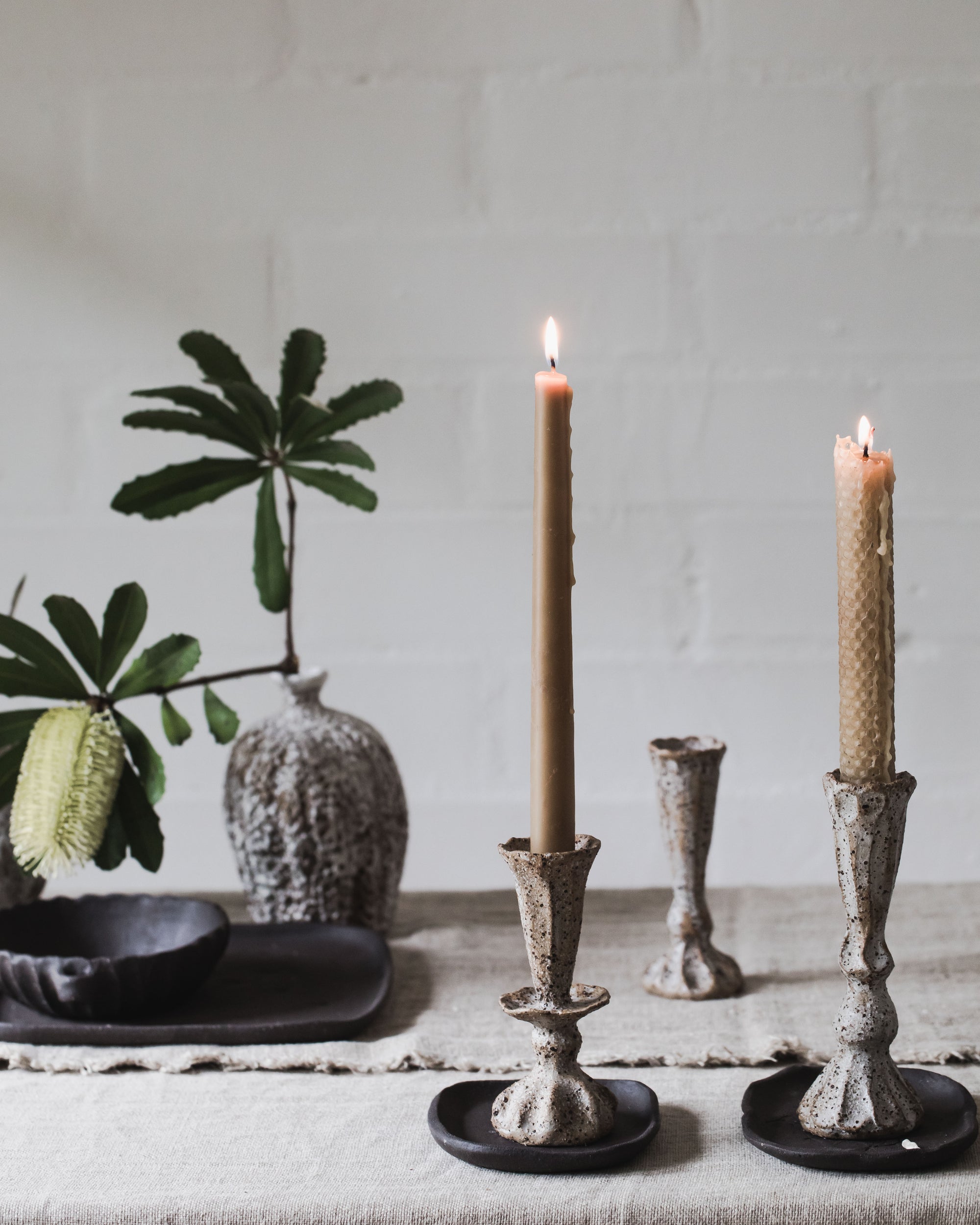 Rustic candlestick holders for tapered and standard candles handmade by Clay Beehive ceramics 