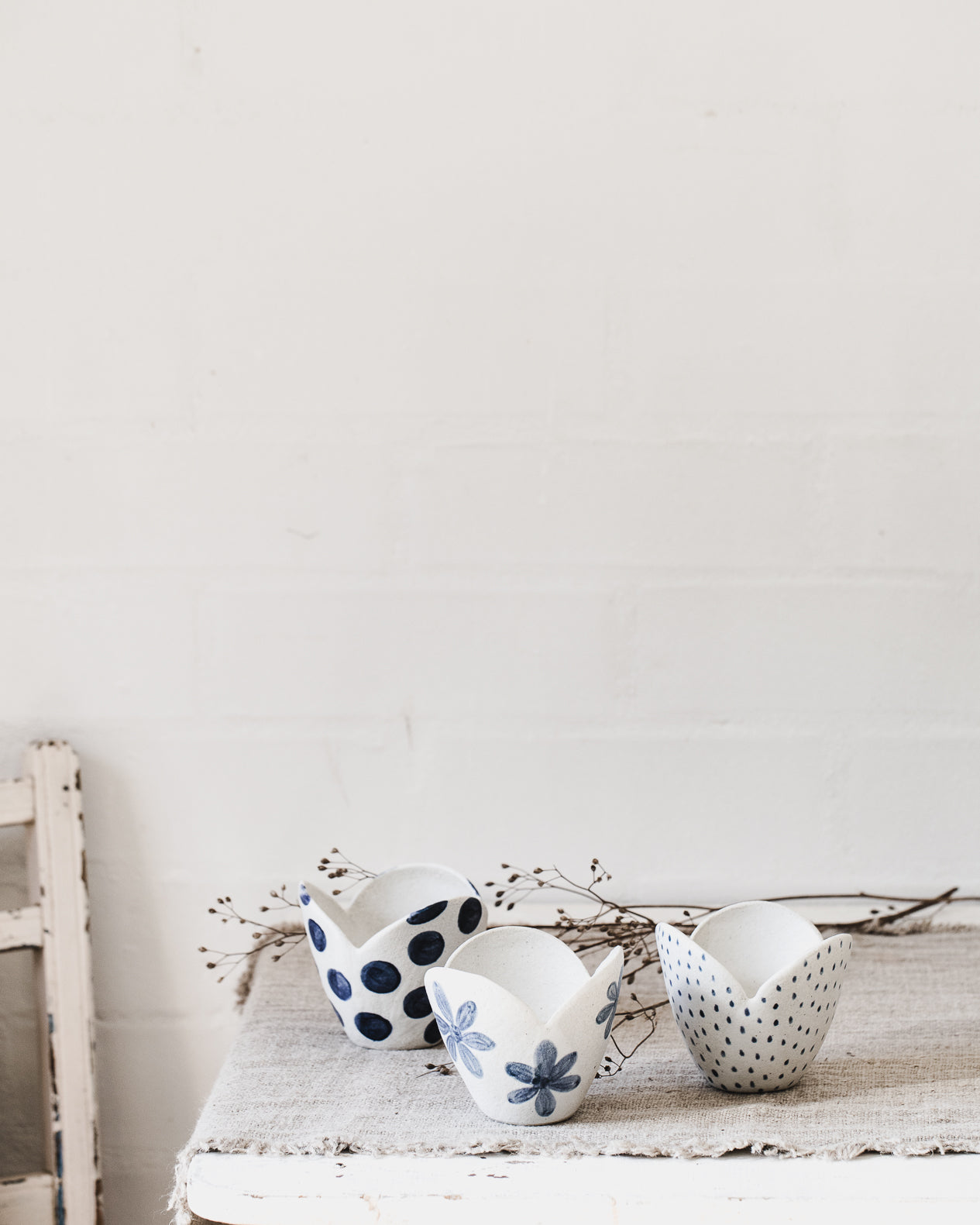 Tulip Shaped bowl decorated in blue patterns handmade by clay beehive ceramics 