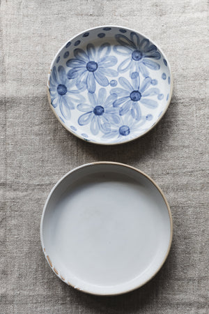 Large Blue & White flower plate with high rim