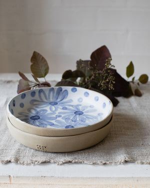 Large Blue & White flower plate with high rim
