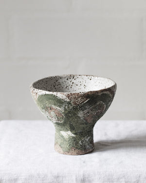 Rustic ceramic green footed pedestal bowl hand crafted by clay beehive ceramics