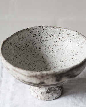 Interior speckled finish on footed pedestal bowl hand crafted by clay beehive ceramics 