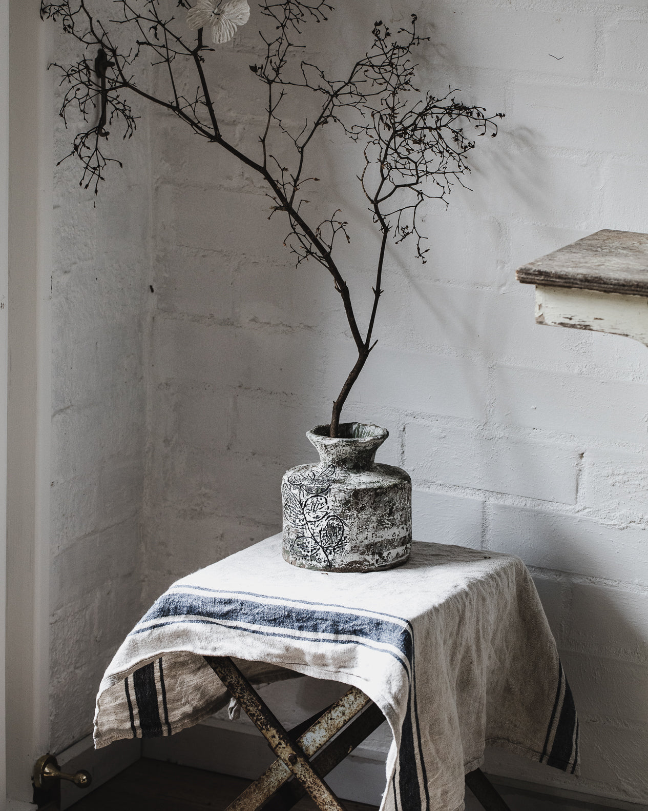 Large rustic vase with leaf carving and paint patina effect handmade by clay beehive ceramics