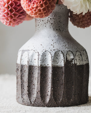 Handmade rustic chocolate earthy fluted bottle neck vase by clay beehive ceramics.