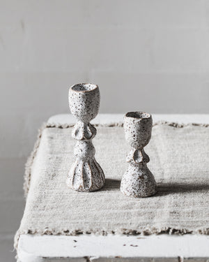 Rustic white speckled ceramic candlesticks handmade from clay beehive 