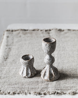 Rustic white speckled ceramic candlesticks handmade from clay beehive 