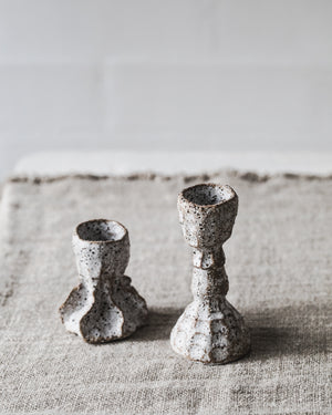 Rustic white speckled ceramic candlesticks handmade from clay beehive 