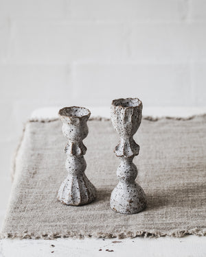 Rustic white speckled ceramic candlesticks handmade from clay beehive 