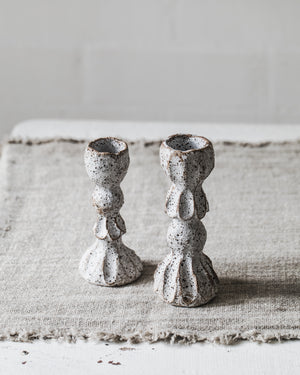 Rustic white speckled ceramic candlesticks handmade from clay beehive 