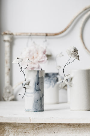Ceramic flower vases with wire ceramic flowers in blue and white by clay beehive ceramics