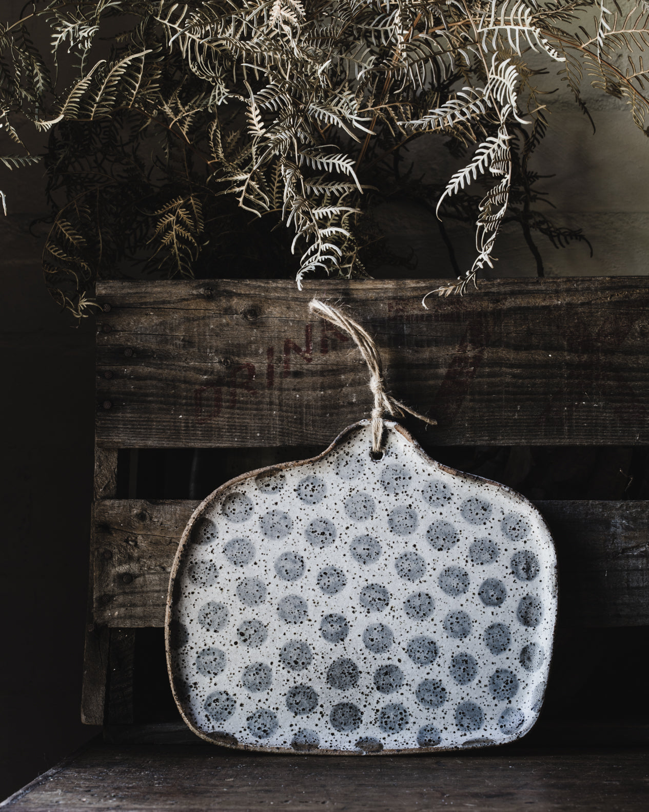 Rustic speckled polka dot platter in square shape with easy grip hand + hemp cord by clay beehive ceramics