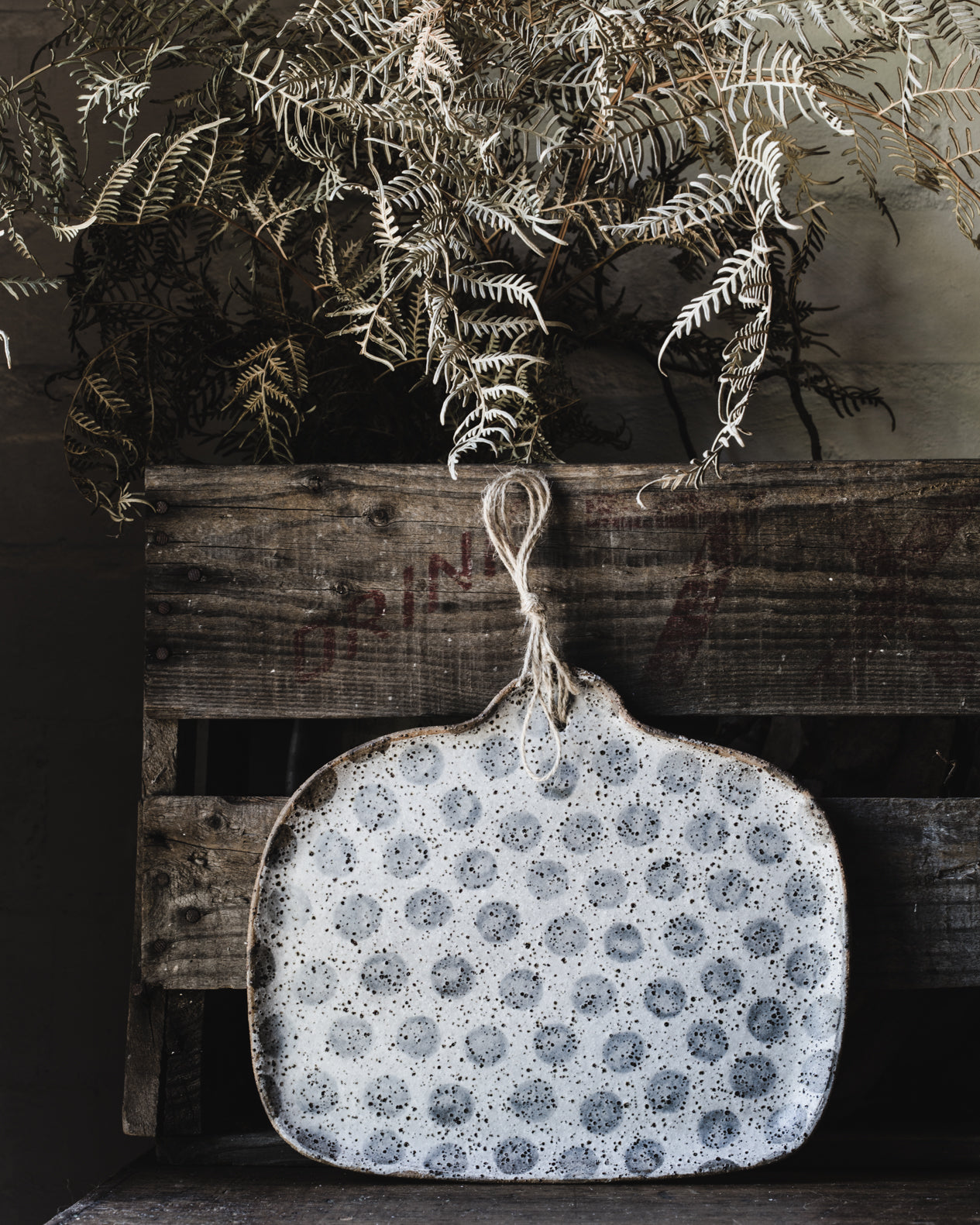 Rustic speckled polka dot platter in square shape with easy grip hand + hemp cord by clay beehive ceramics