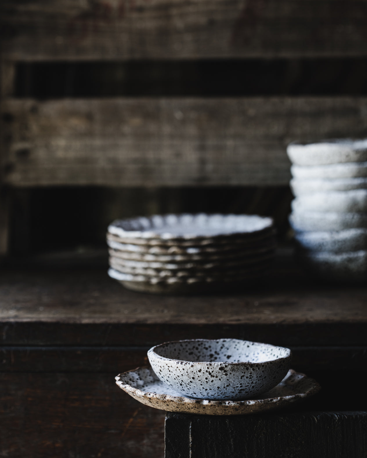 handmade ceramic bowl and plate set with speckled satin white glaze by clay beehive ceramics
