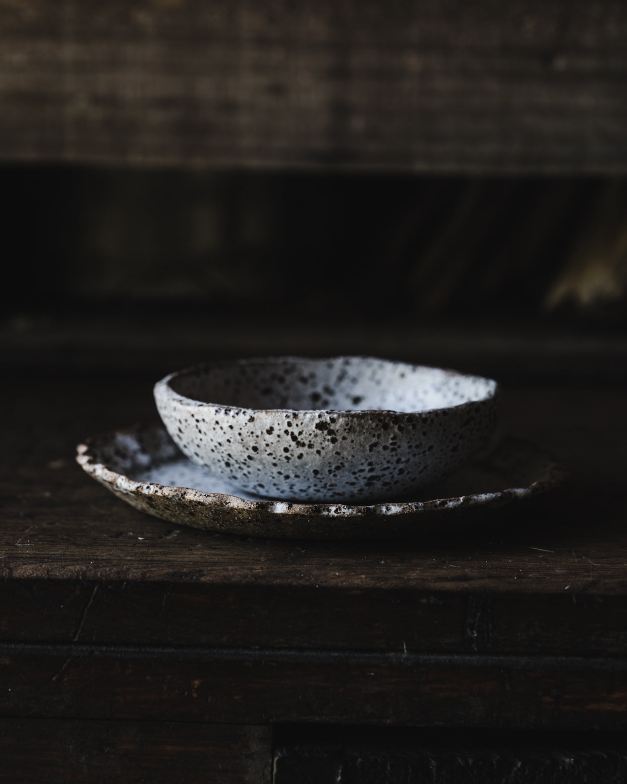 handmade ceramic bowl and plate set with speckled satin white glaze by clay beehive ceramics