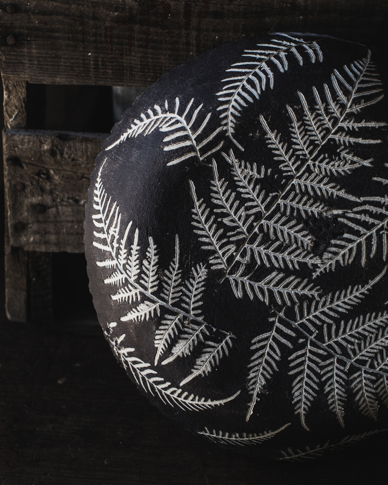 Large fern leaf impression scalloped rim bowl handmade by clay beehive ceramics
