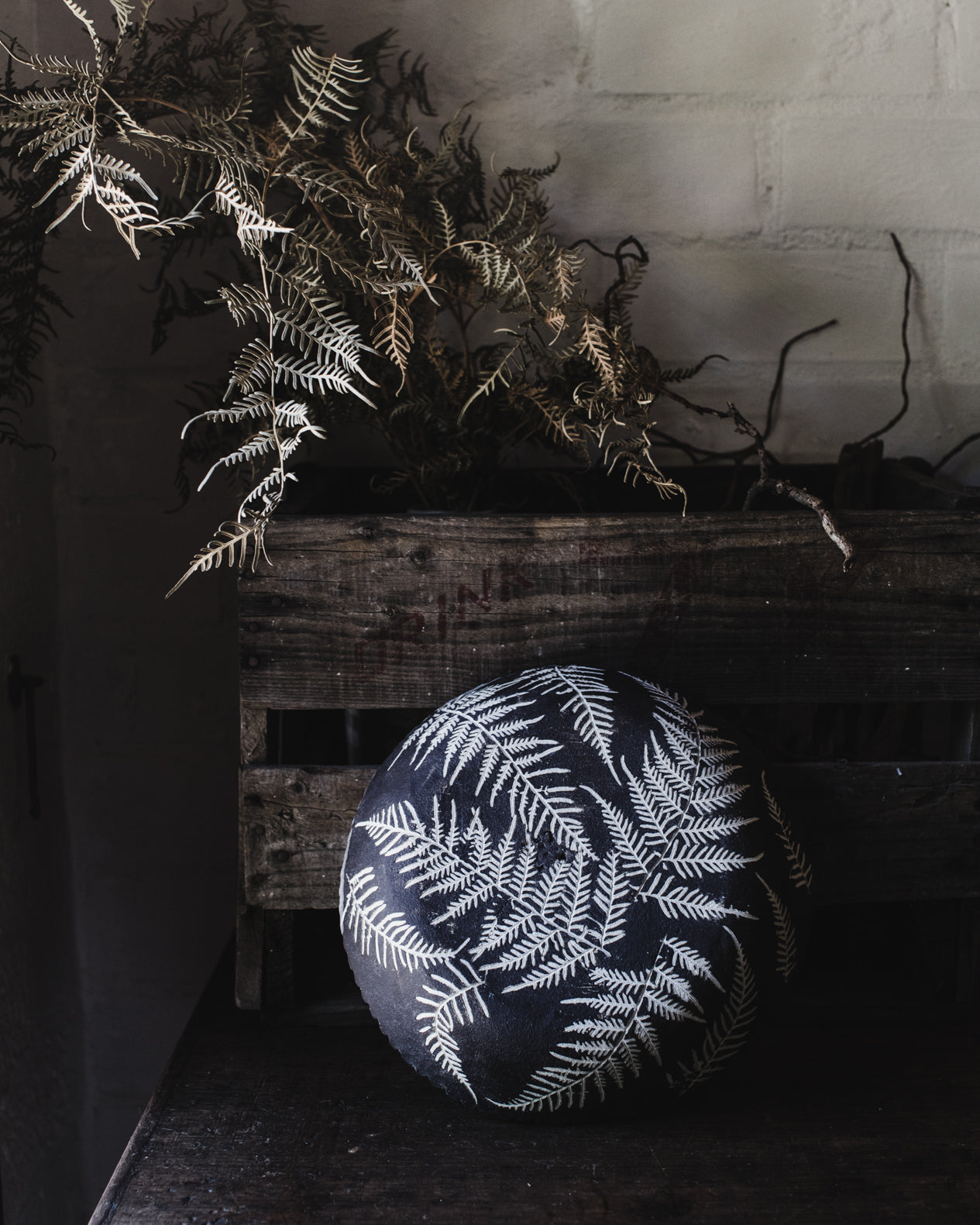 Large fern leaf impression scalloped rim bowl handmade by clay beehive ceramics
