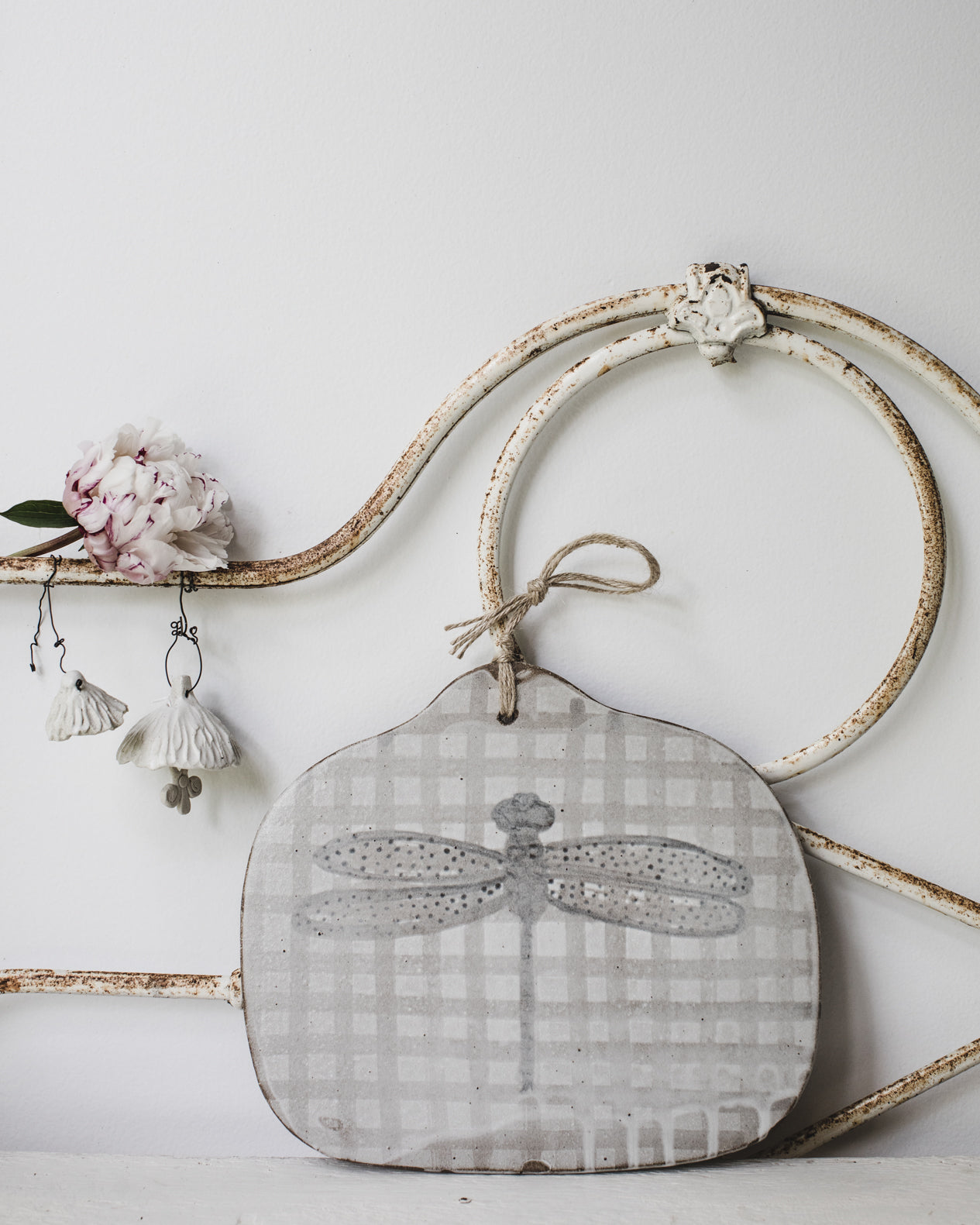Dragonfly cheeseboard with jute cord handmade by clay beehive ceramics