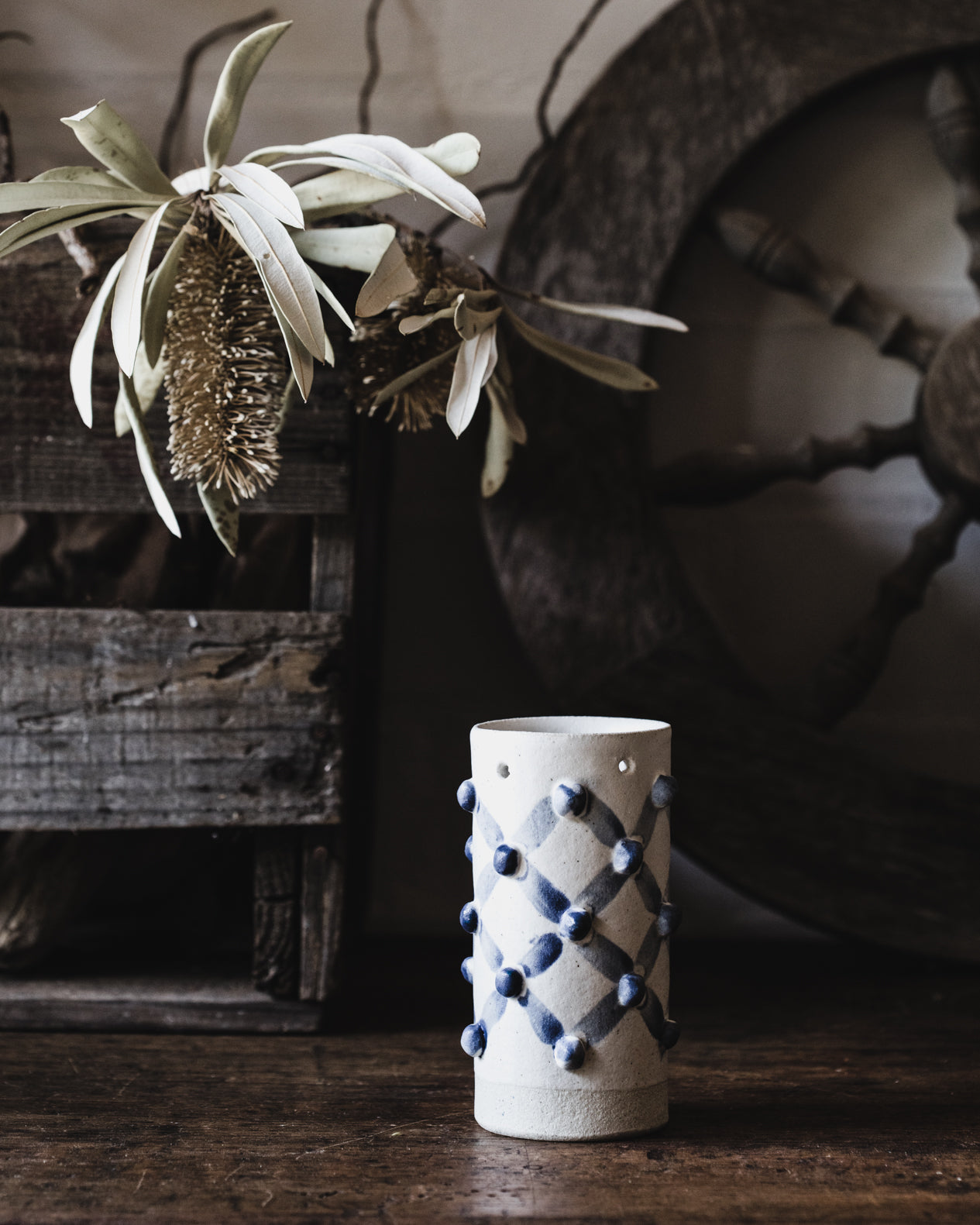 Ceramic blue and white raised spot and diamond patterned vases by clay beehive ceramics