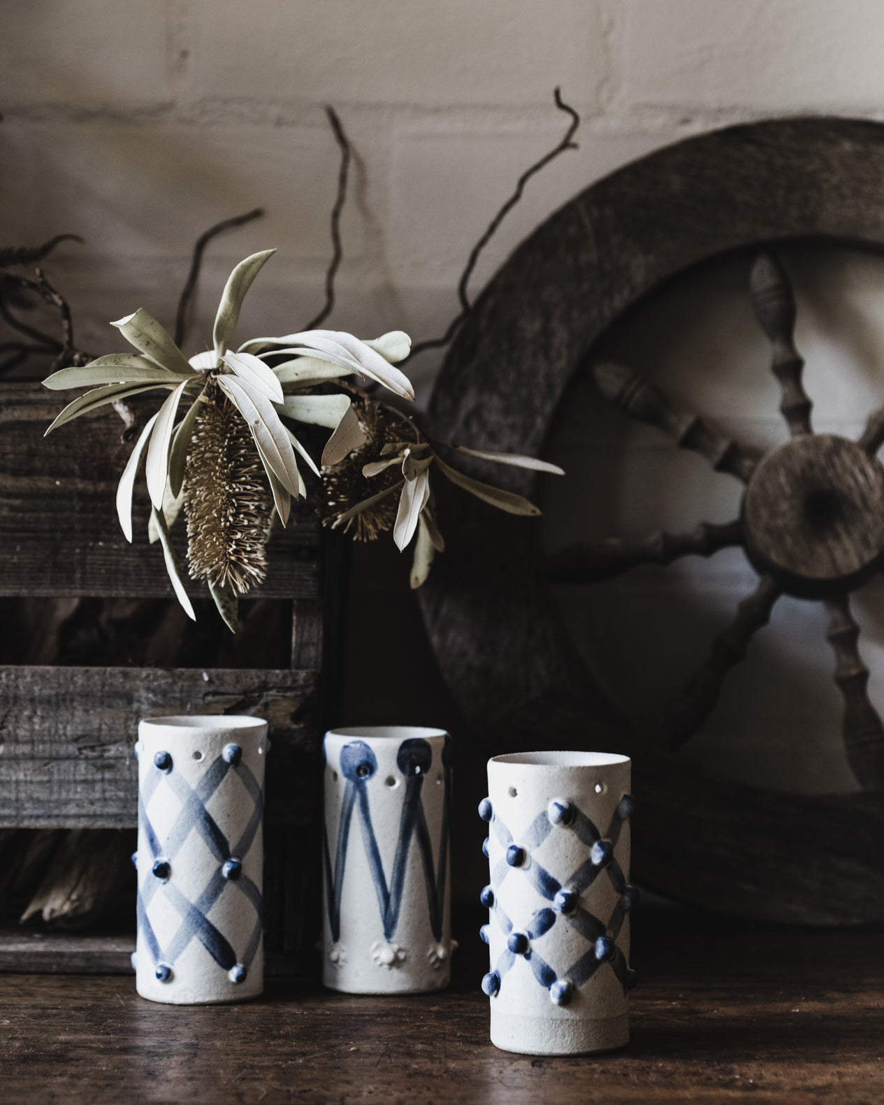 Ceramic blue and white raised spot and diamond patterned vases by clay beehive ceramics