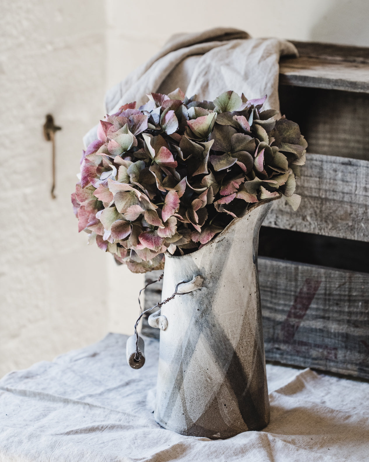 Farmhouse Rustic jug with vintage copper wire handle handmade by clay beehive ceramics