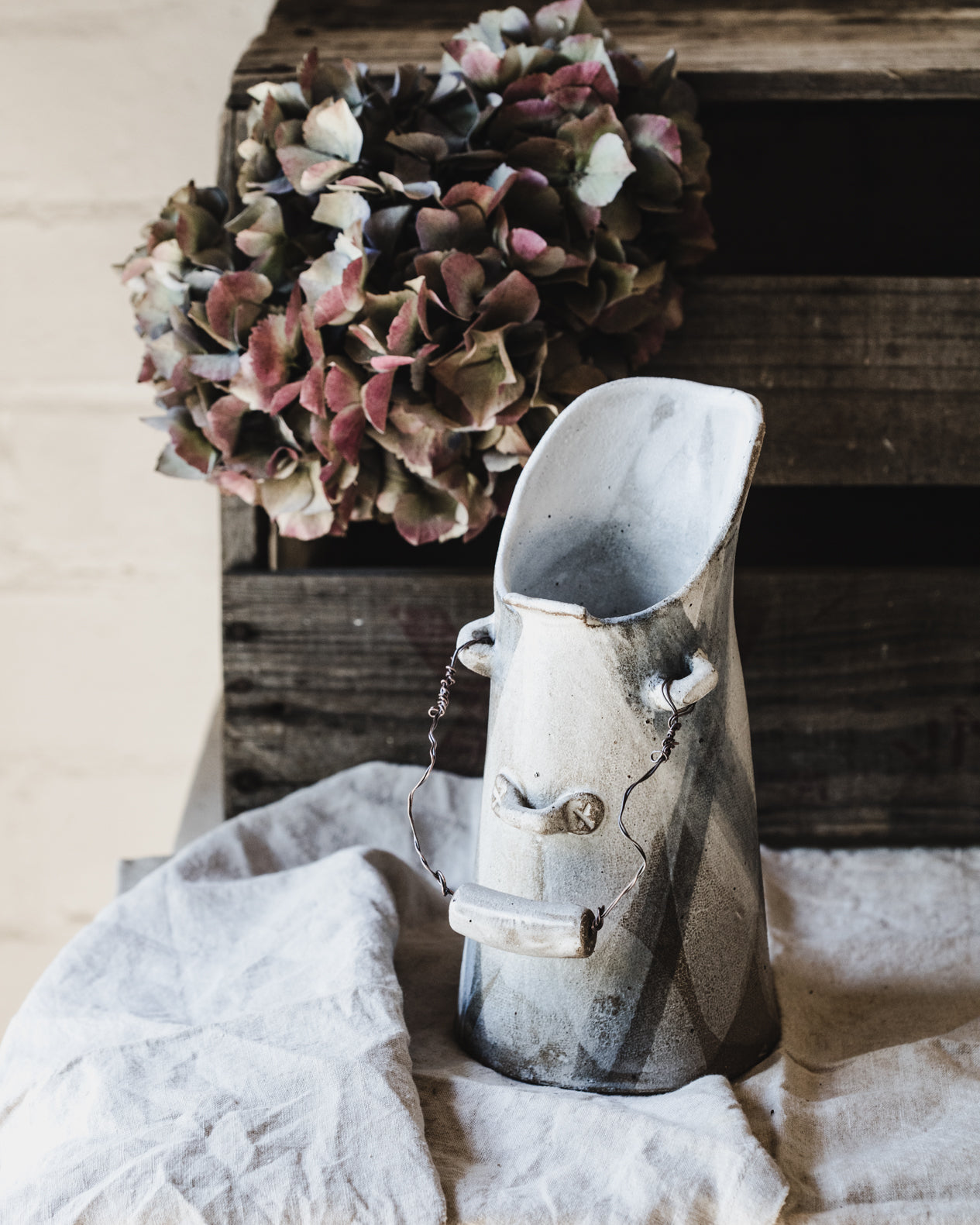 Farmhouse Rustic jug with vintage copper wire handle handmade by clay beehive ceramics