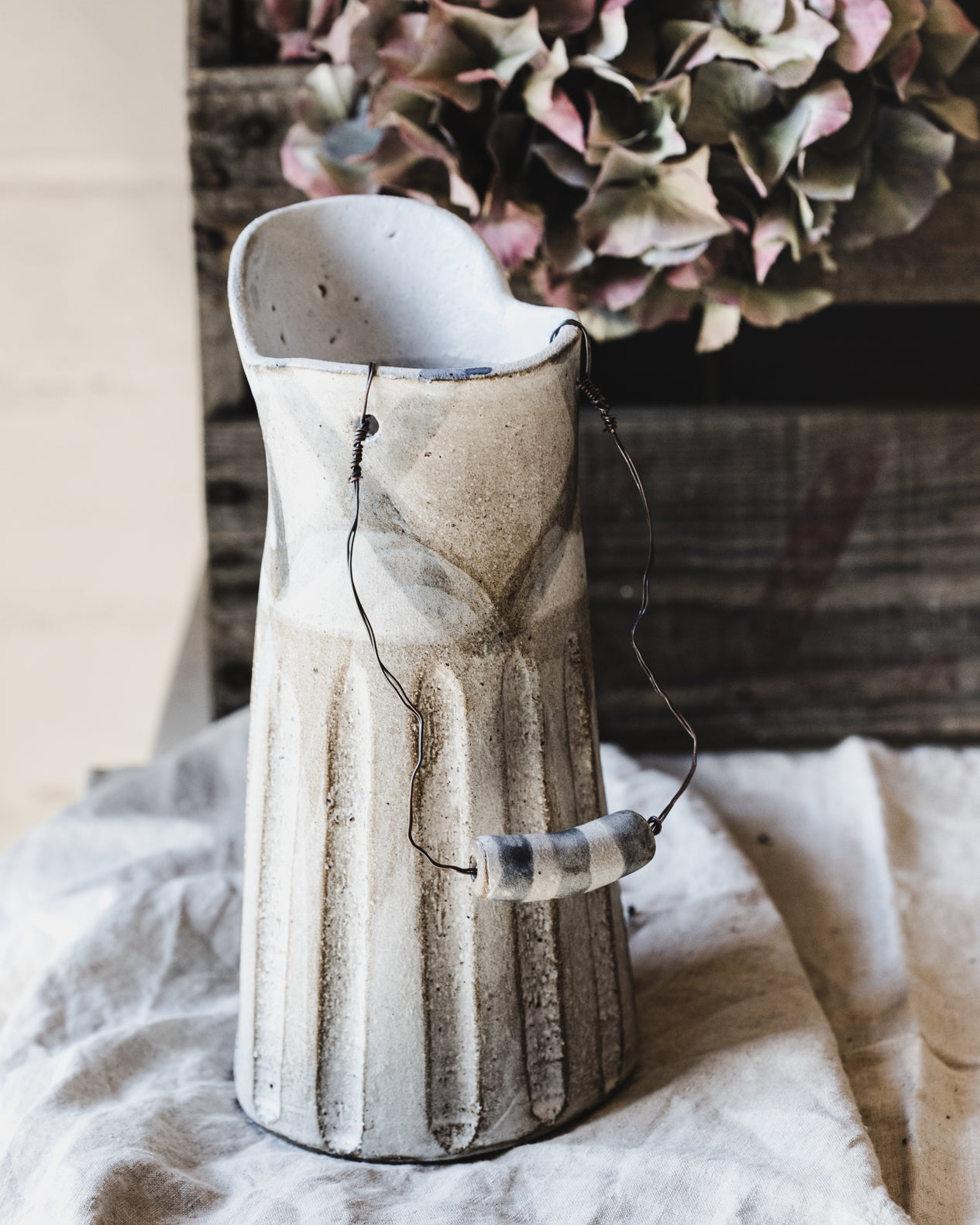 Rustic farmhouse jug with wired ceramic handle handmade by claybeehive ceramics