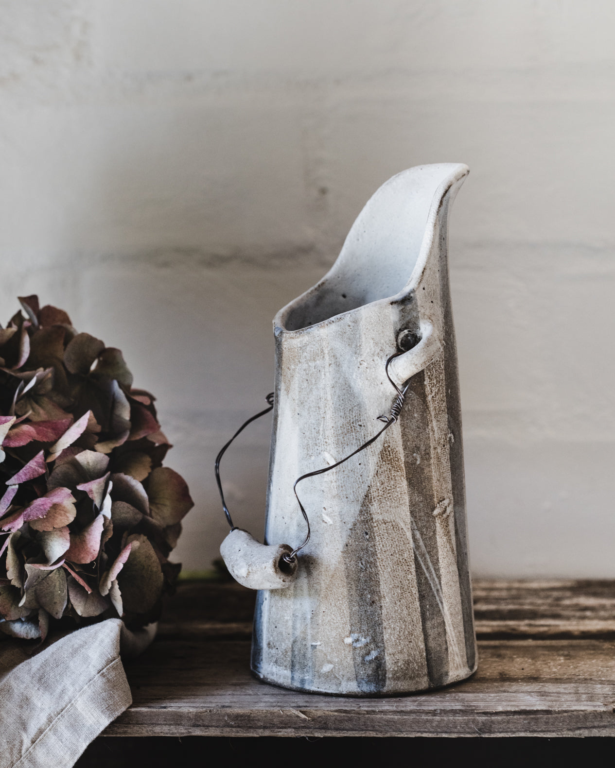 Farmhouse jug with wired ceramic handle by clay beehive ceramics