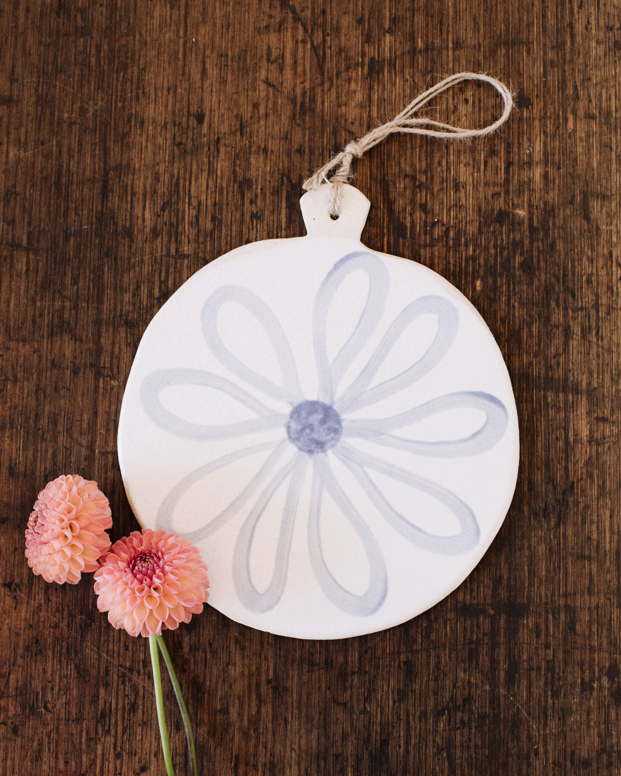 Daisy flower round cheeseboard with hemp cord by clay beehive ceramics
